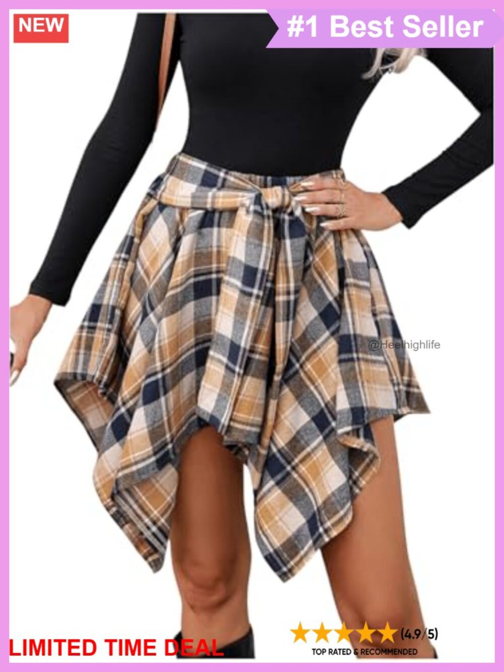 Plaid Mini Skirt Asymmetrical Hanky Hem High Waist A-Line